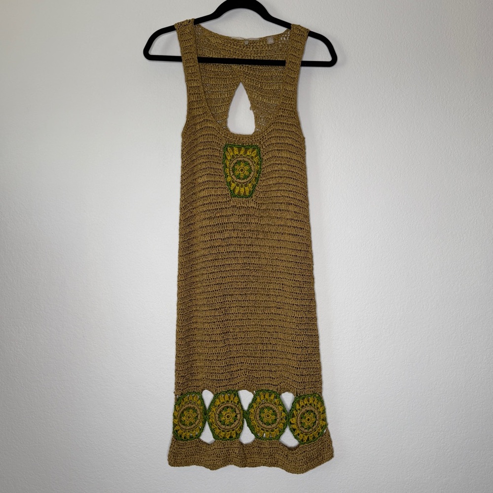 Knitted & Knotted Anthropologie Crochet Flower Dress Lined Keyhole Tan Size XS